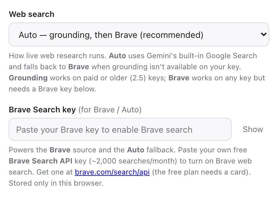 Settings: the Web search dropdown set to Auto, with the Brave Search key field below.