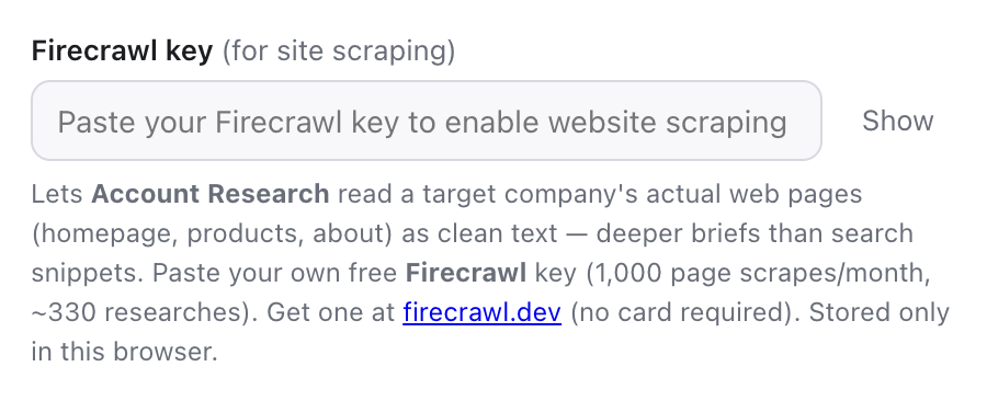 Settings: the Firecrawl key field for site scraping.