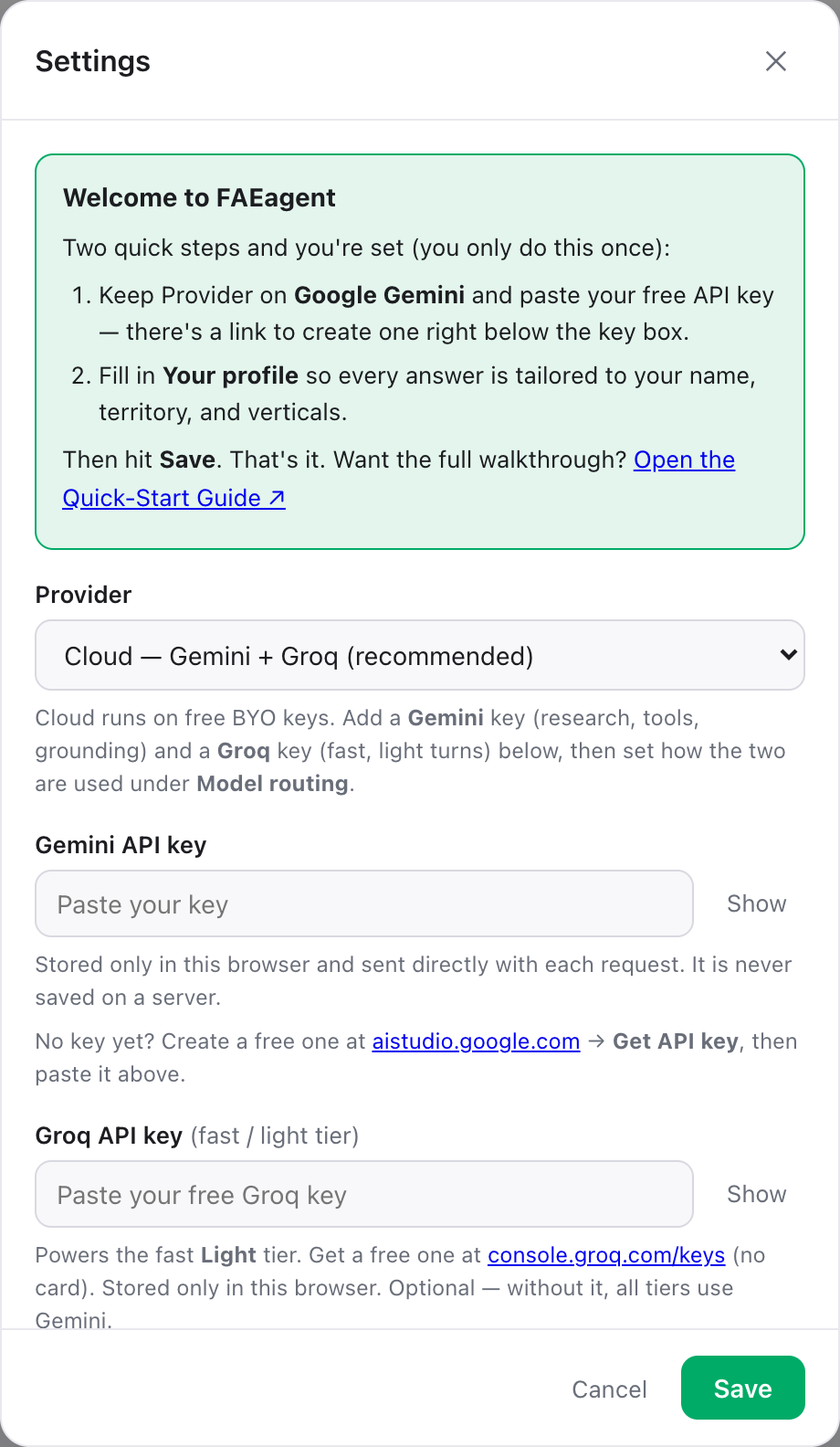 The Settings panel: provider, API key field, and profile fields.
