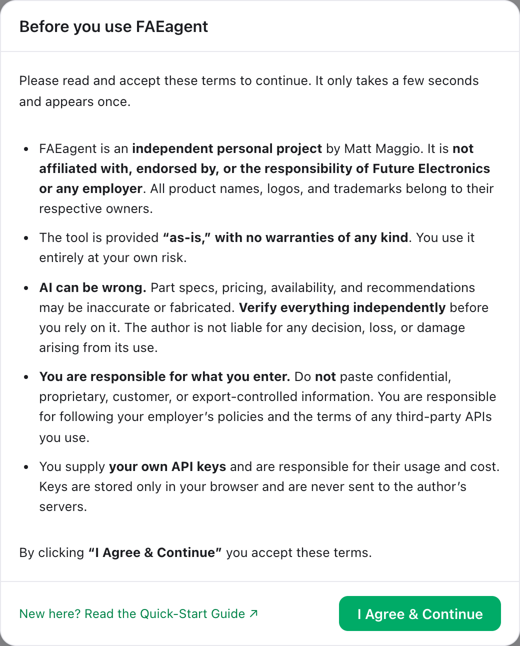 The one-time terms notice with an 'I Agree & Continue' button.